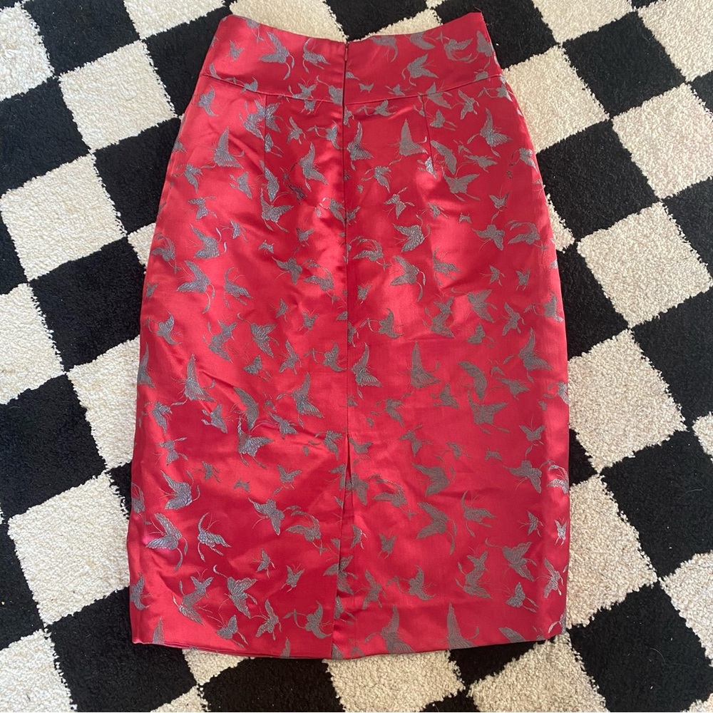 PINK AND BLUE BUTTERFLY SATIN MIDI SKIRT WITH BACK SLIT AND ZIPPER